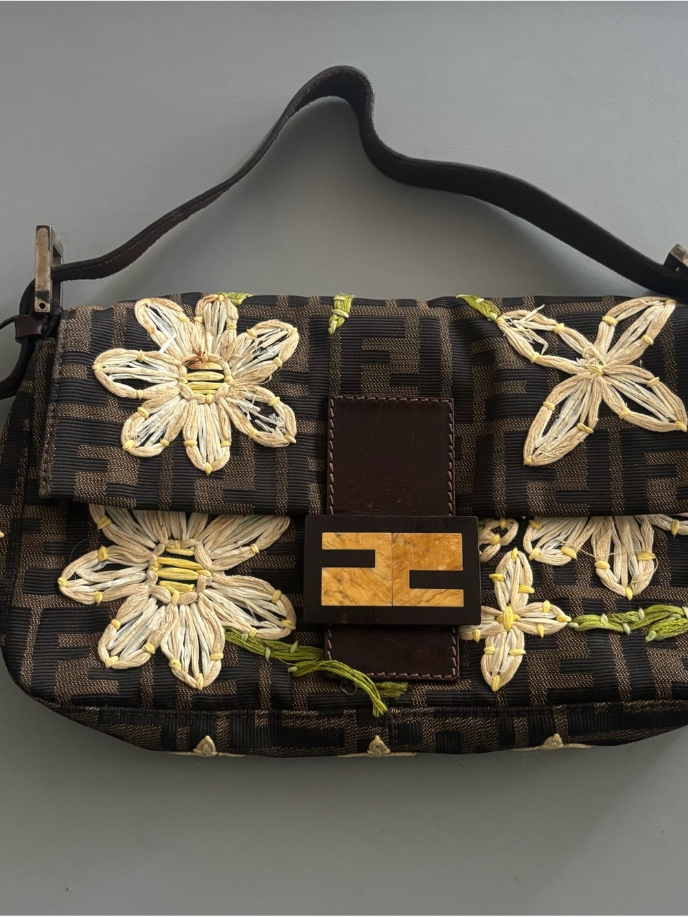 Vintage Fendi Zucca Monogram Floral Embroidered Baguette Bag
